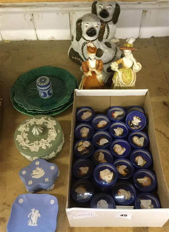 Staffordshire dogs, Wedgwood & green leaf plates, etc